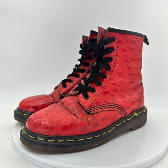 Dr. Martens Shoes - Dr Martens Women Size 5 Croco Red Snake Patent Leather 8 Eye Combat Boot